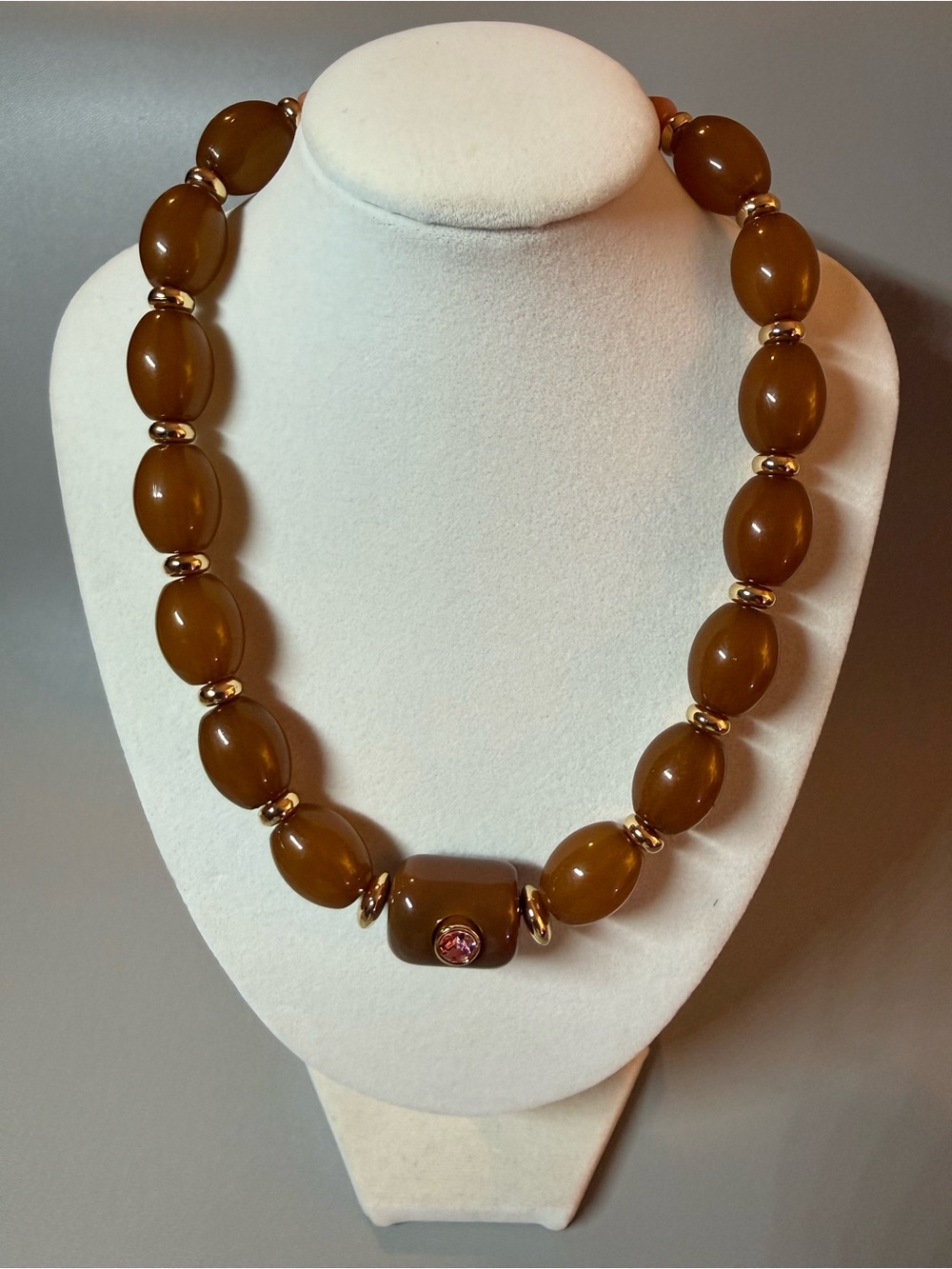 Brown & Coral Beaded Statement Necklace Pink Crystal Gold Tone 🗽